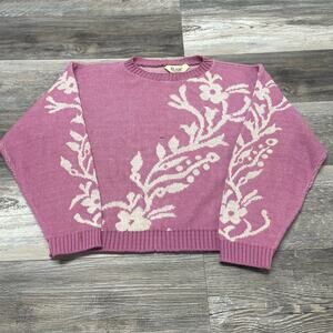 Vintage Blair Pink White Womens S Floral Crew Neck Knit Pullover Sweater Acrylic